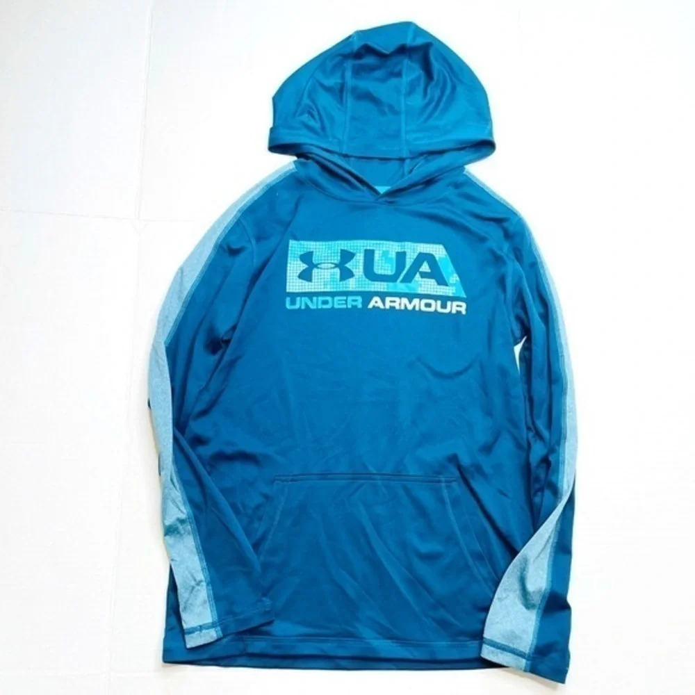 UNDER Armour HeatGear Loose Fit Youth Blue Graphic Logo Athletic Pullover Hoodie